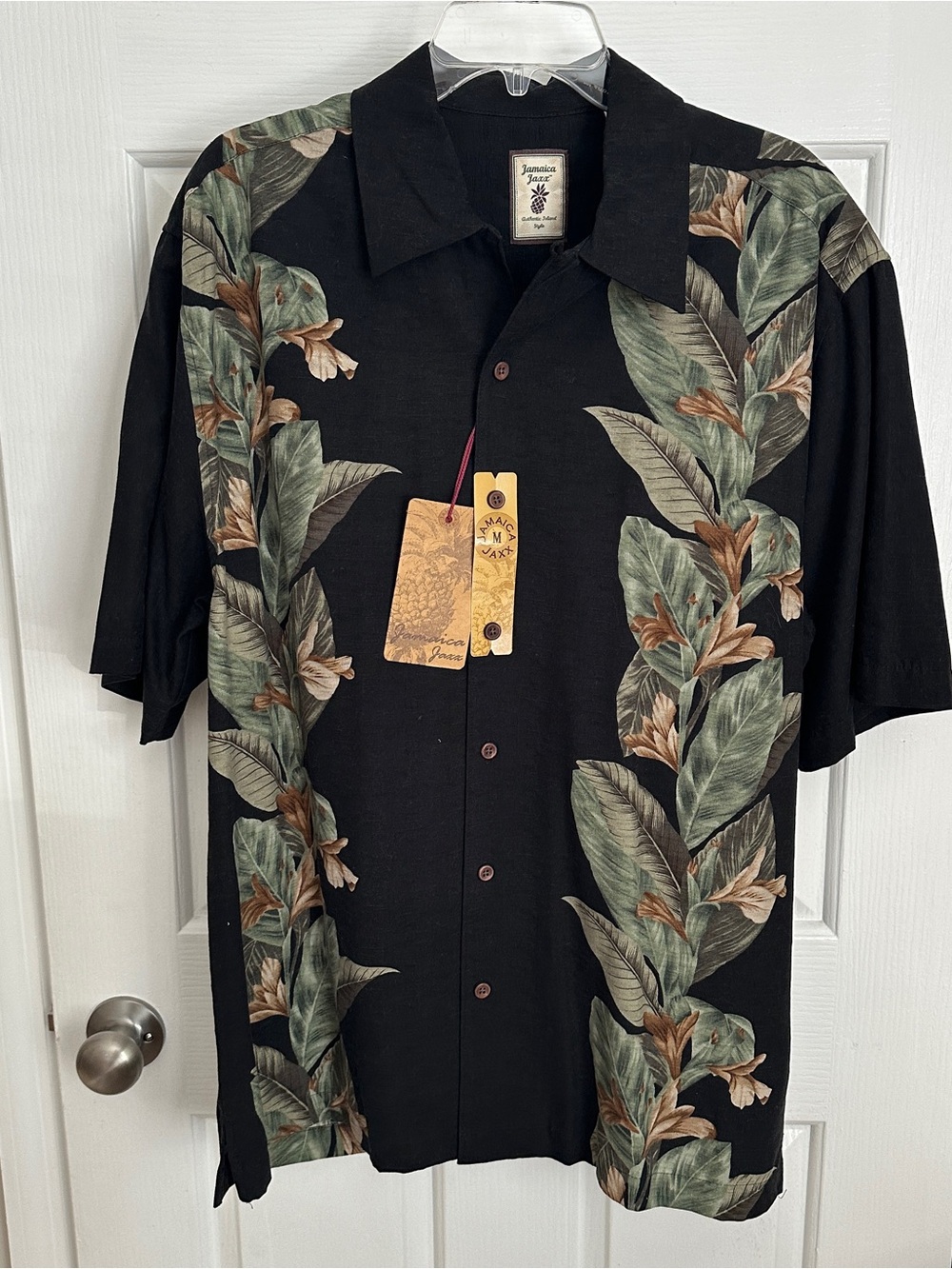Black Tropical-Print Short-Sleeve Camp Shirt 100% Silk
